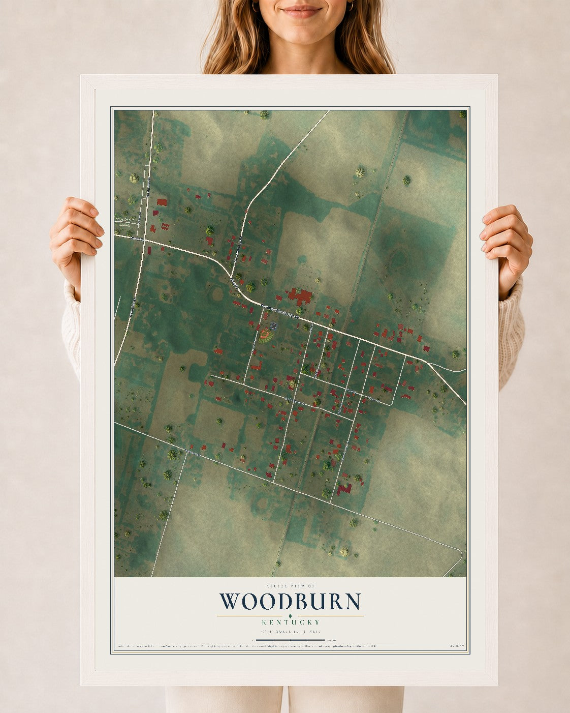 Map of Woodburn, Kentucky, 24 x 36 inch print in a white wood frame