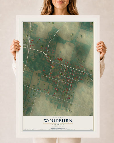Map of Woodburn, Kentucky, 24 x 36 inch print in a white wood frame