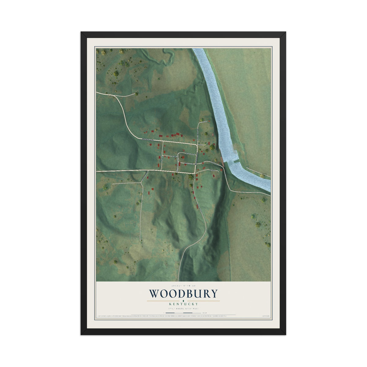 Map of Woodbury, Kentucky, 12 x 18 inch print in a black wood frame