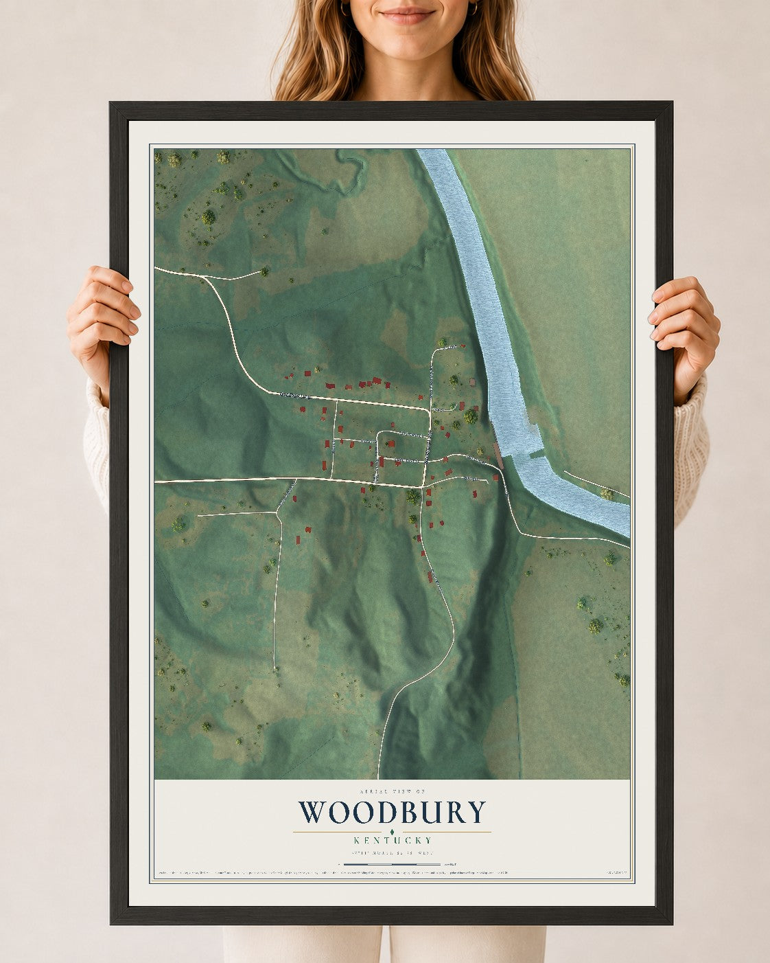 Map of Woodbury, Kentucky, 24 x 36 inch print in a black wood frame