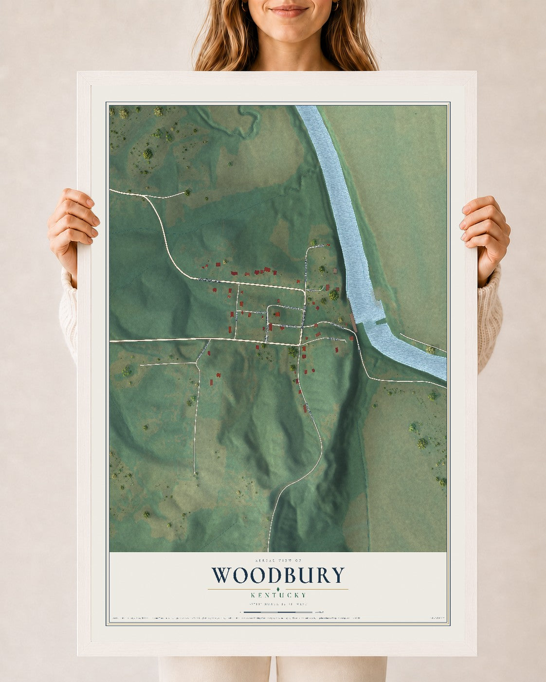 Map of Woodbury, Kentucky, 24 x 36 inch print in a white wood frame
