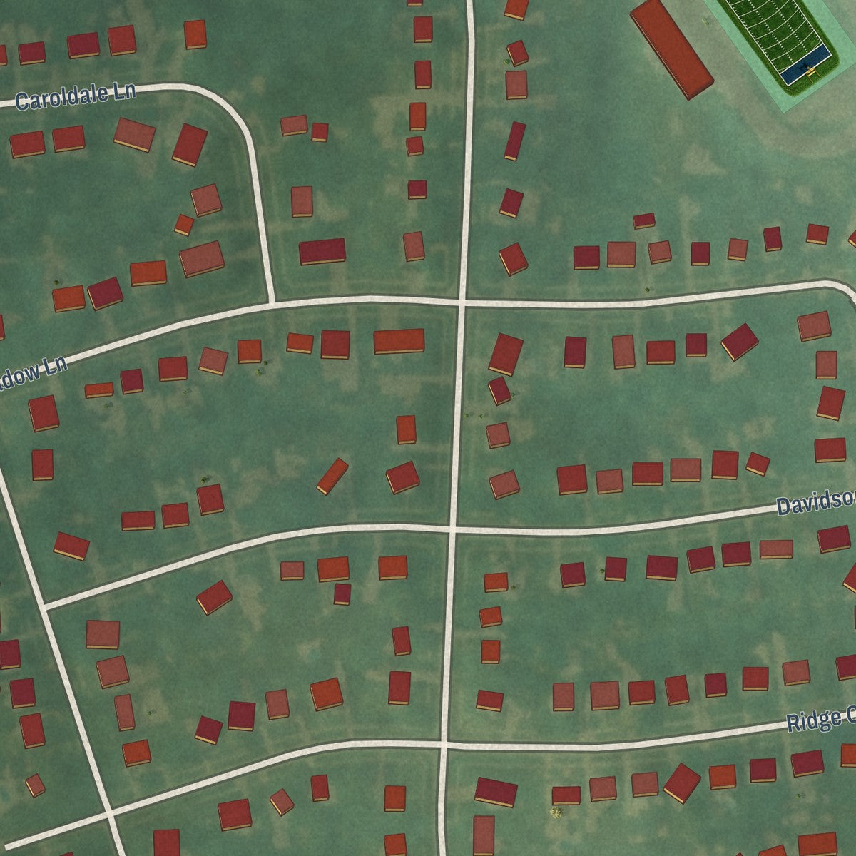 Close-up of the map of Woodland Hills, Kentucky print showing street and building detail
