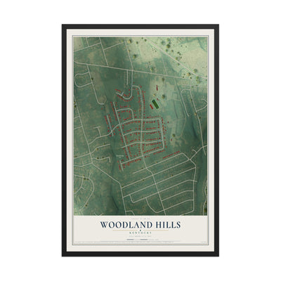 Map of Woodland Hills, Kentucky, 12 x 18 inch print in a black wood frame