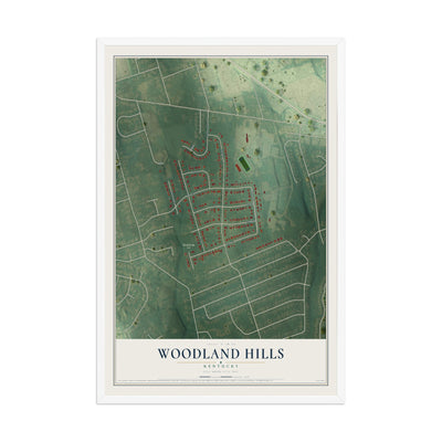 Map of Woodland Hills, Kentucky, 12 x 18 inch print in a white wood frame