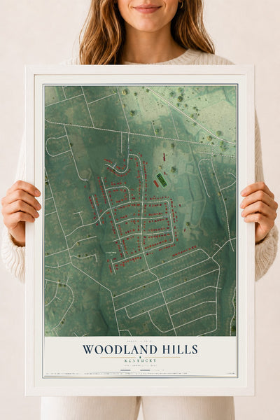 Map of Woodland Hills, Kentucky, 18 x 24 inch print in a white wood frame
