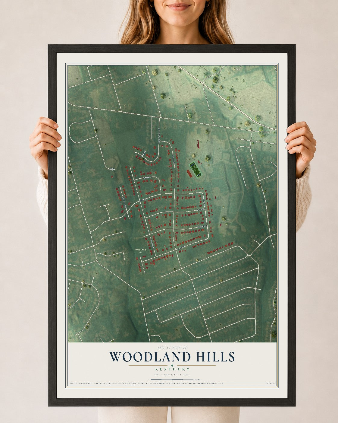 Map of Woodland Hills, Kentucky, 24 x 36 inch print in a black wood frame
