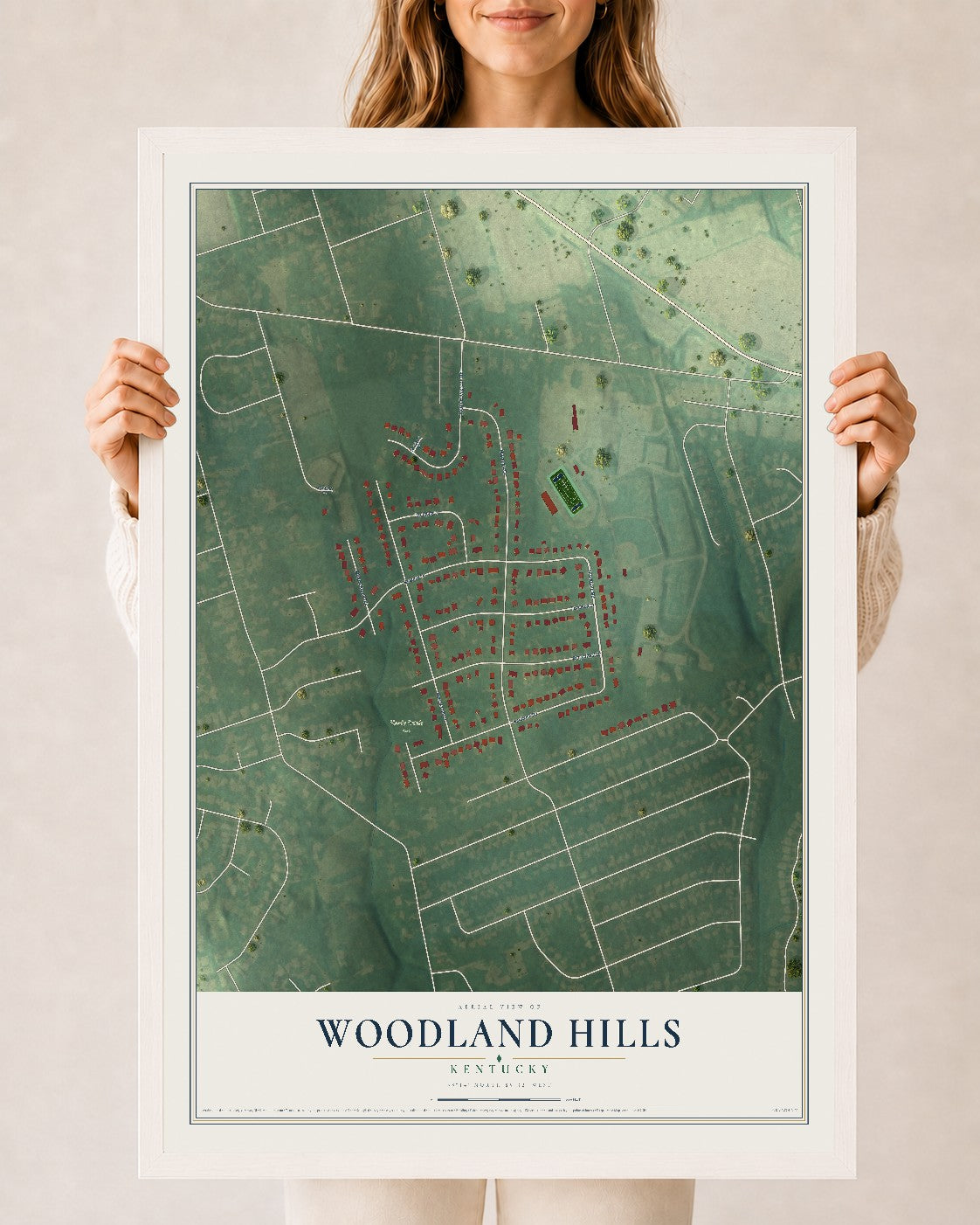 Map of Woodland Hills, Kentucky, 24 x 36 inch print in a white wood frame