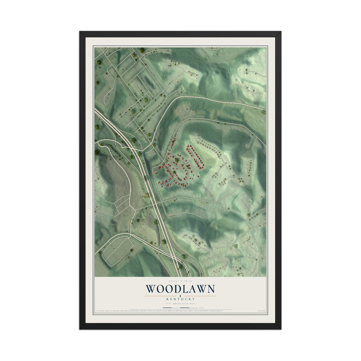 Map of Woodlawn, Kentucky, 12 x 18 inch print in a black wood frame