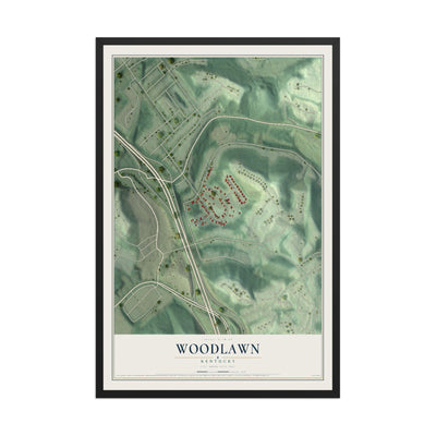 Map of Woodlawn, Kentucky, 12 x 18 inch print in a black wood frame