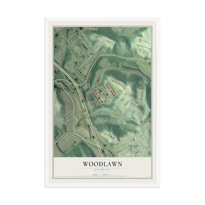 Map of Woodlawn, Kentucky, 12 x 18 inch print in a white wood frame