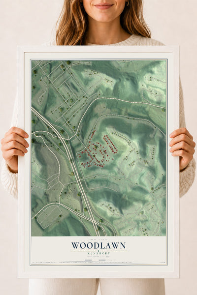 Map of Woodlawn, Kentucky, 18 x 24 inch print in a white wood frame