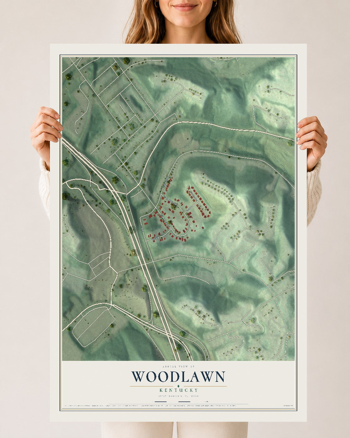 Map of Woodlawn, Kentucky, 24 x 36 inch unframed archival matte print