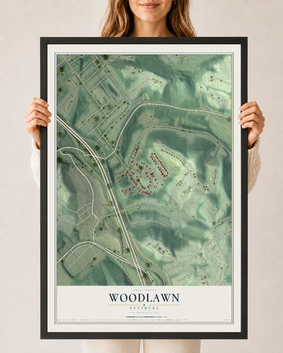 Map of Woodlawn, Kentucky, 24 x 36 inch print in a black wood frame