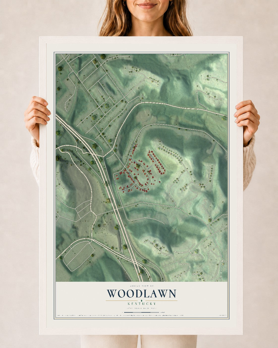 Map of Woodlawn, Kentucky, 24 x 36 inch print in a white wood frame