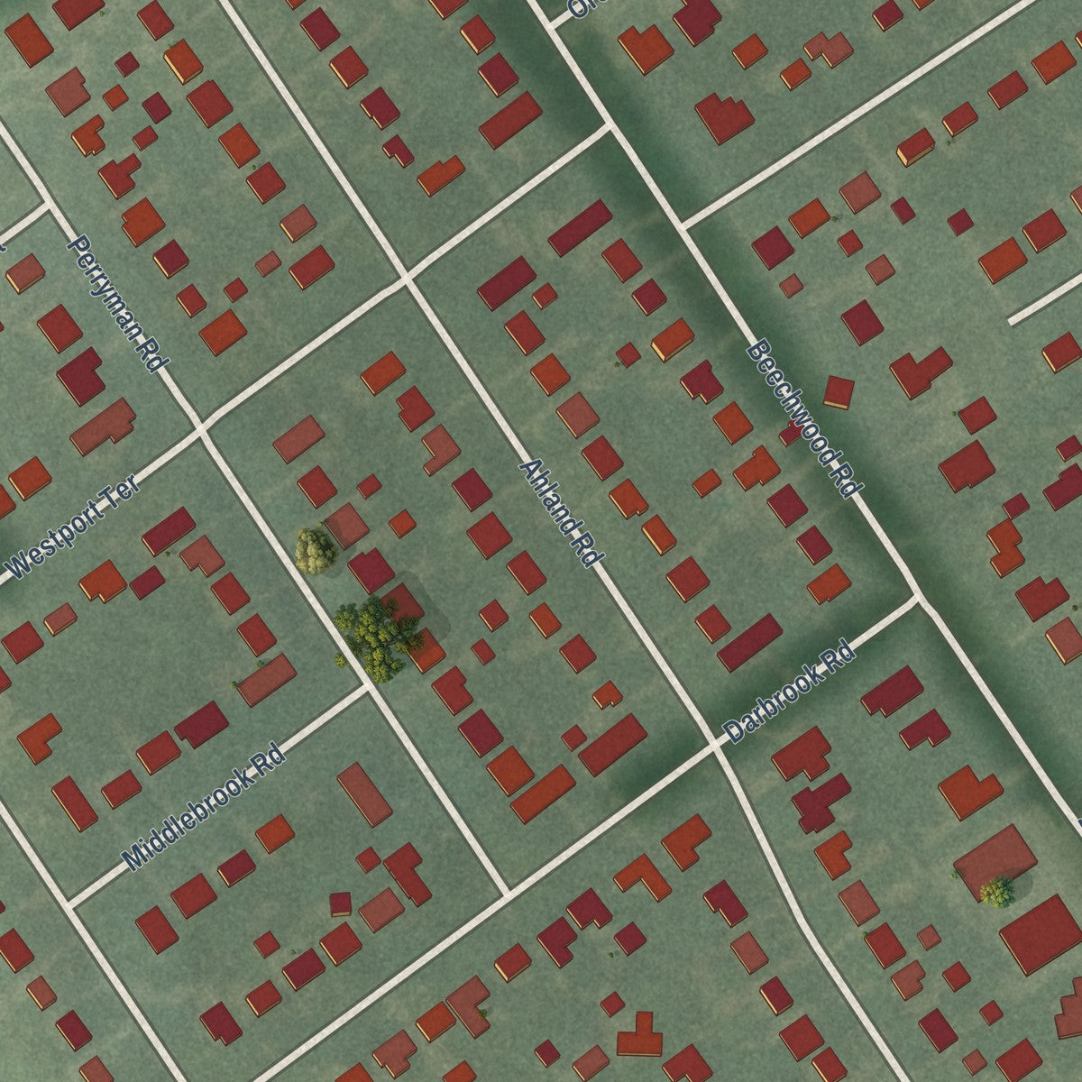 Close-up of the map of Woodlawn Park, Kentucky print showing street and building detail