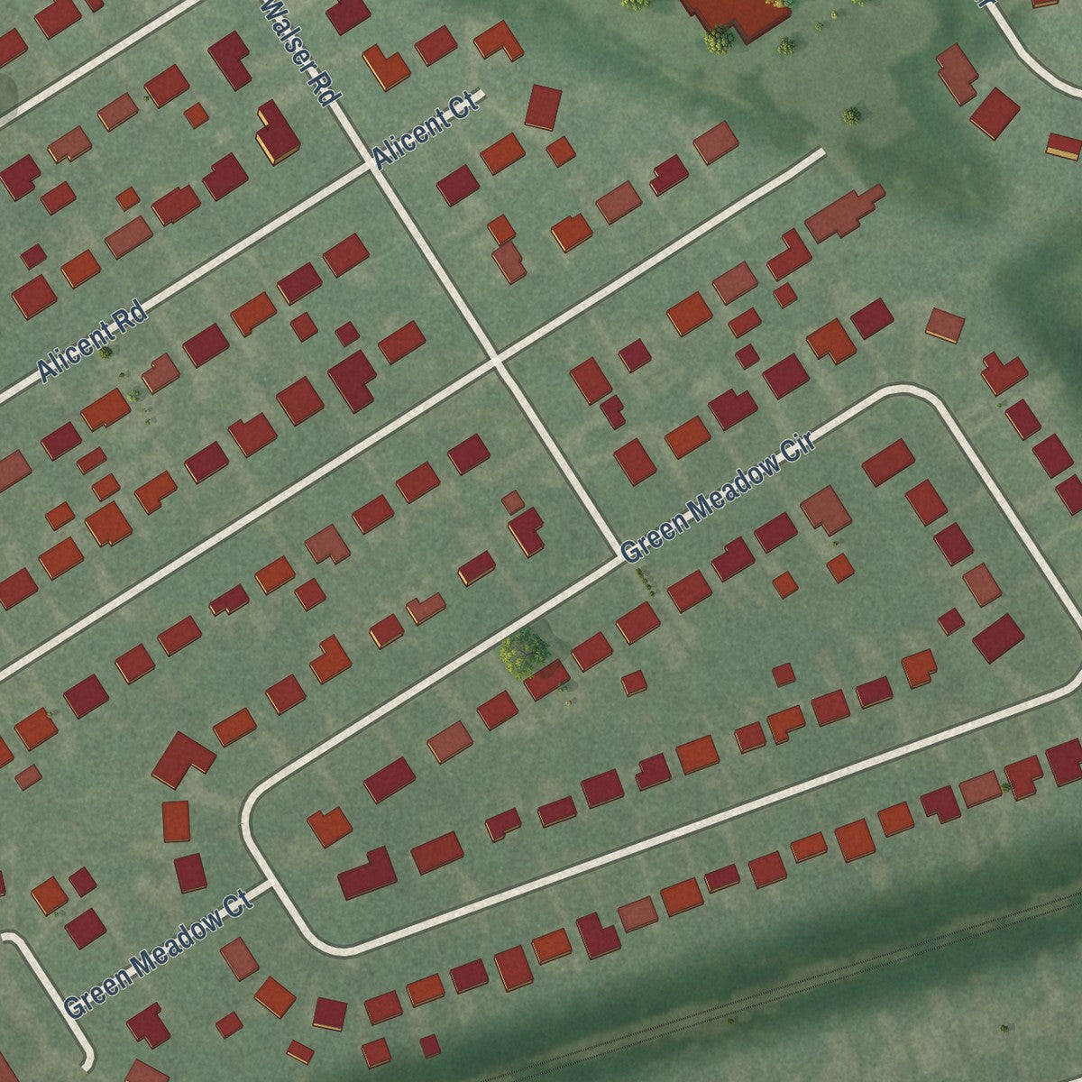 Second close-up of the map of Woodlawn Park, Kentucky print showing more streets and buildings