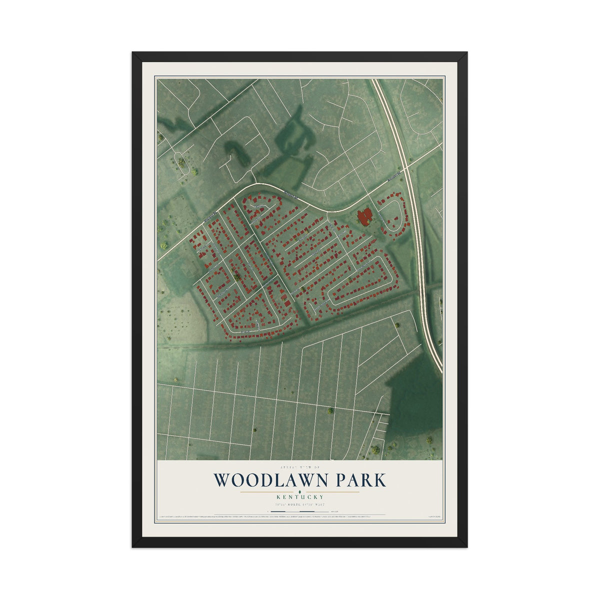 Map of Woodlawn Park, Kentucky, 12 x 18 inch print in a black wood frame