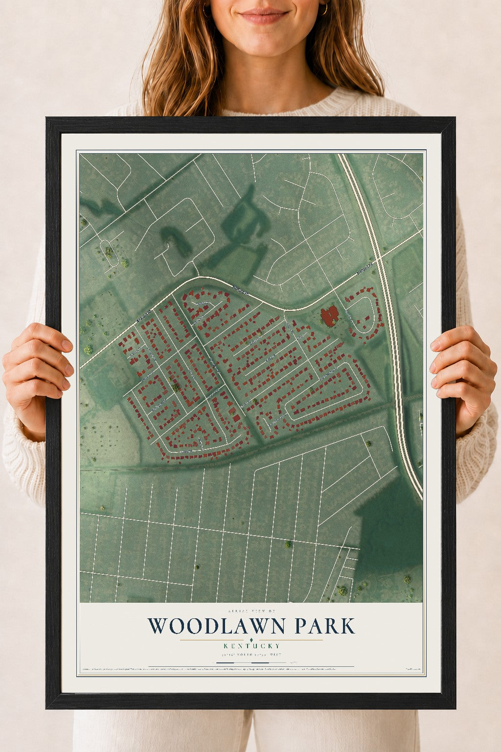 Map of Woodlawn Park, Kentucky, 18 x 24 inch print in a black wood frame