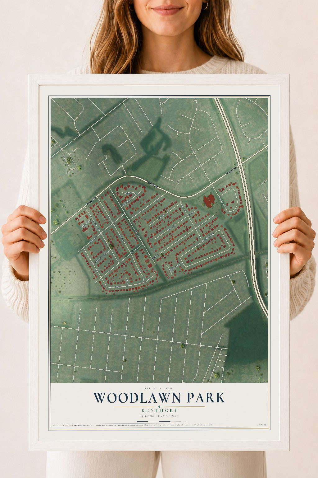 Map of Woodlawn Park, Kentucky, 18 x 24 inch print in a white wood frame