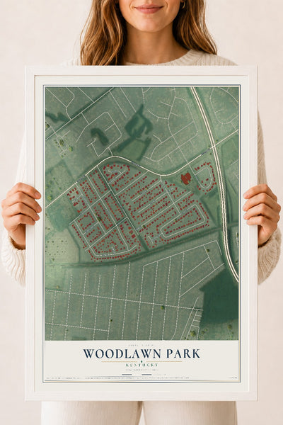 Map of Woodlawn Park, Kentucky, 18 x 24 inch print in a white wood frame