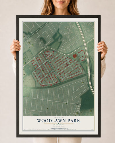 Map of Woodlawn Park, Kentucky, 24 x 36 inch print in a black wood frame