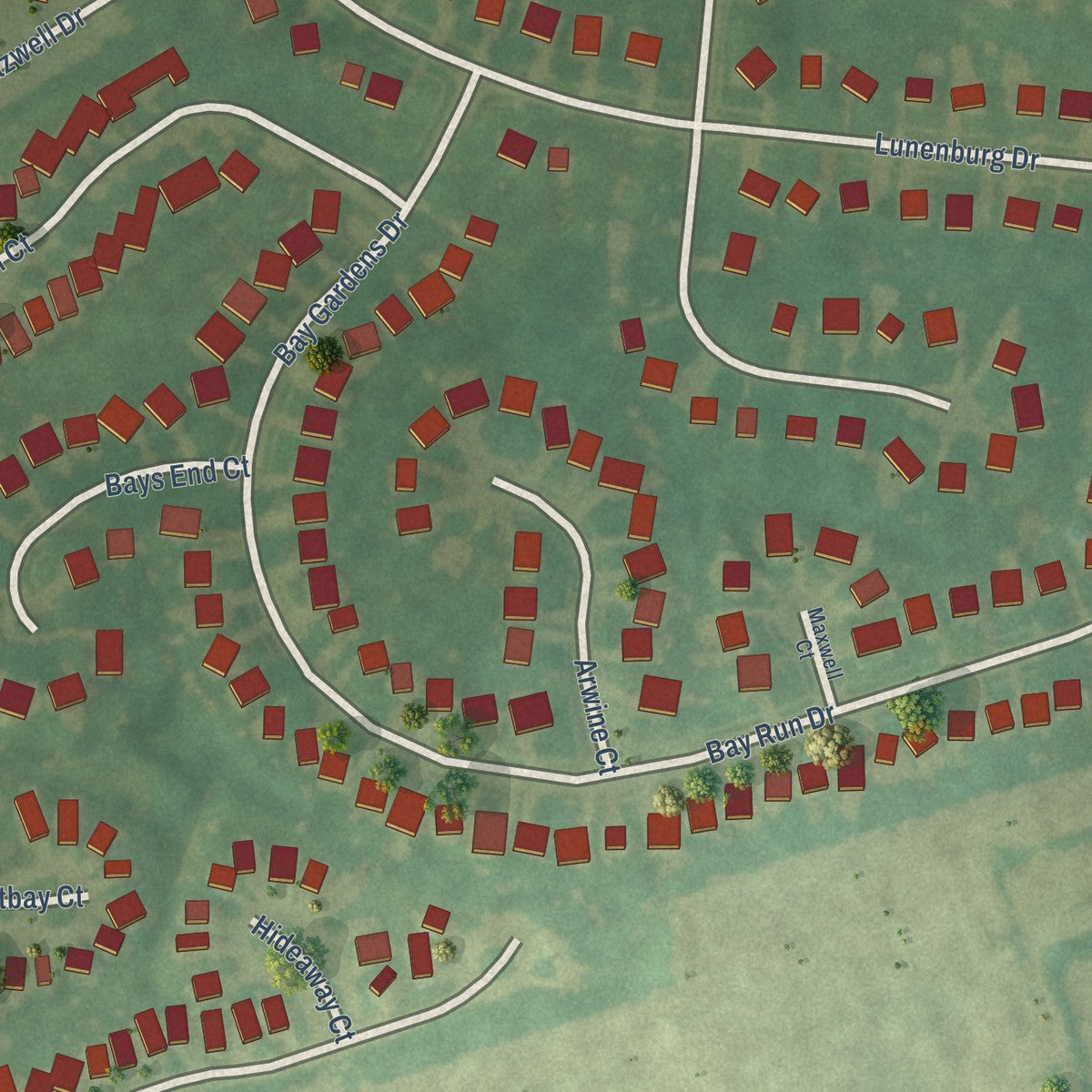 Close-up of the map of Worthington Hills, Kentucky print showing street and building detail