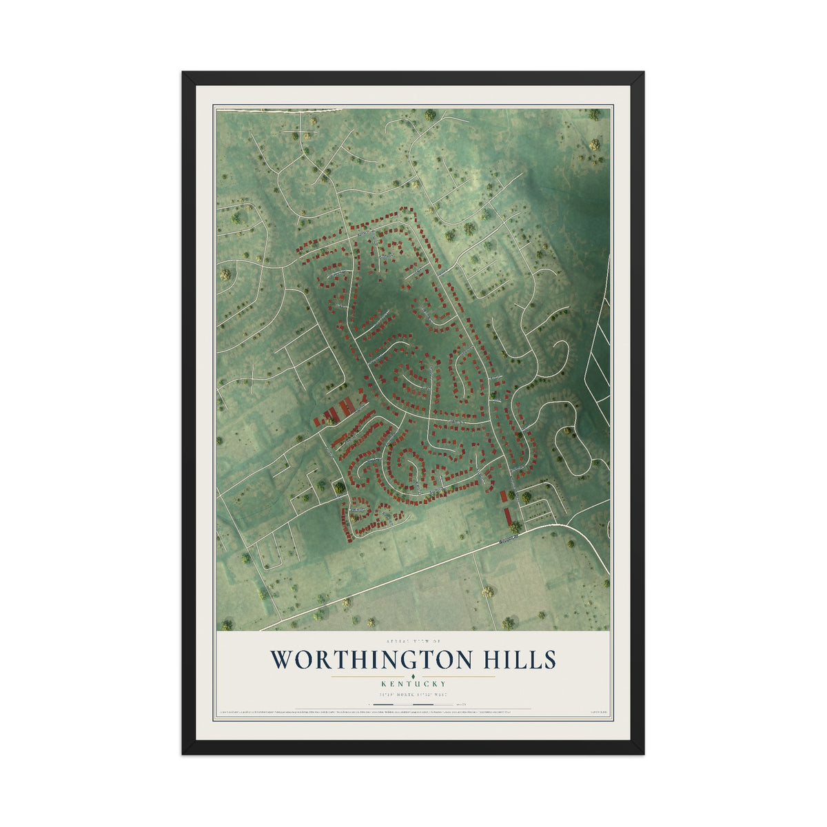 Map of Worthington Hills, Kentucky, 12 x 18 inch print in a black wood frame