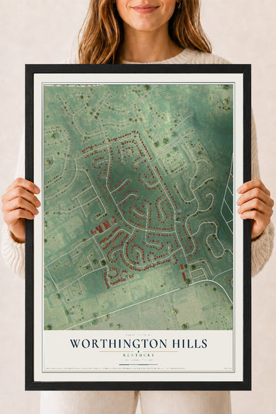 Map of Worthington Hills, Kentucky, 18 x 24 inch print in a black wood frame