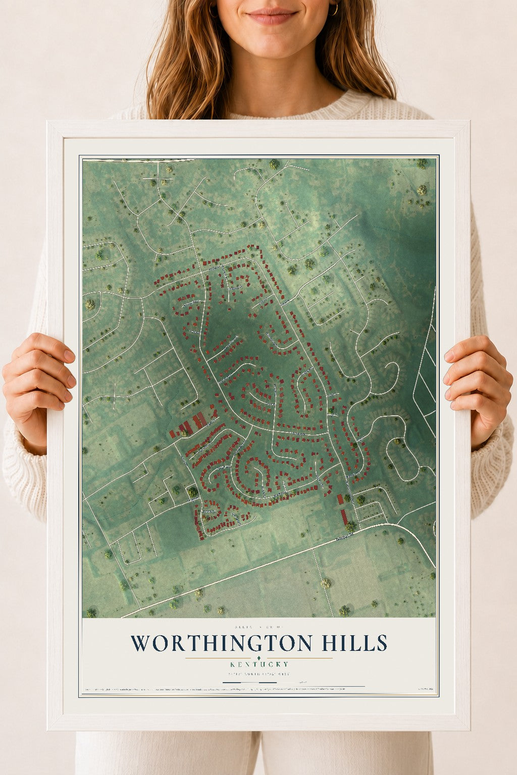Map of Worthington Hills, Kentucky, 18 x 24 inch print in a white wood frame