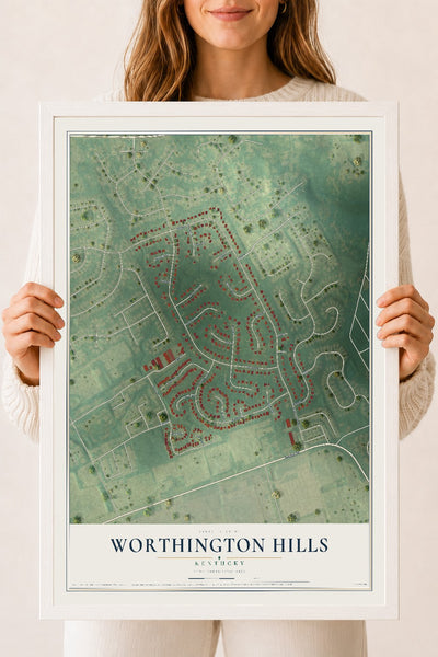Map of Worthington Hills, Kentucky, 18 x 24 inch print in a white wood frame