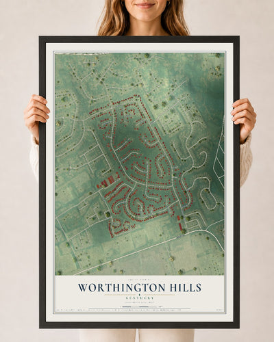 Map of Worthington Hills, Kentucky, 24 x 36 inch print in a black wood frame