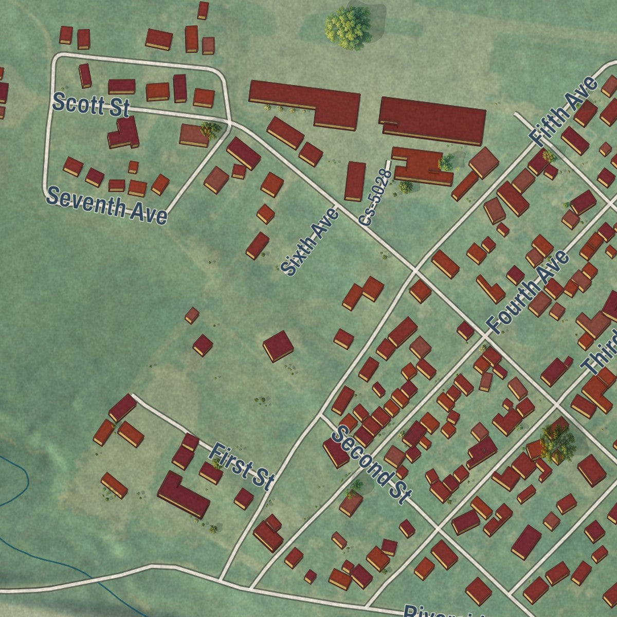 Second close-up of the map of Worthington, Kentucky print showing more streets and buildings