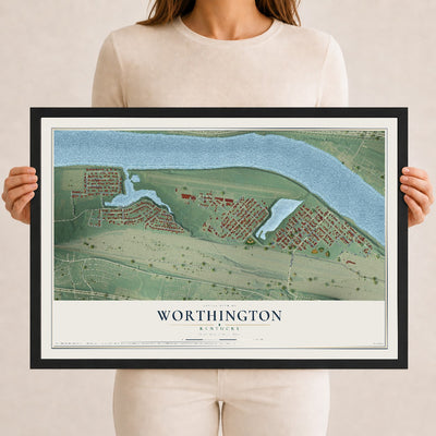 Map of Worthington, Kentucky, 12 x 18 inch print in a black wood frame
