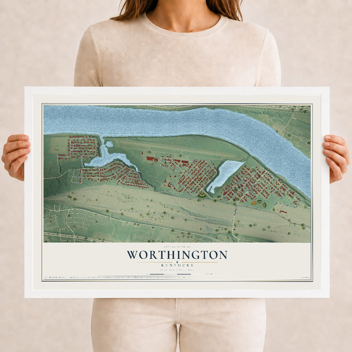 Map of Worthington, Kentucky, 12 x 18 inch print in a white wood frame