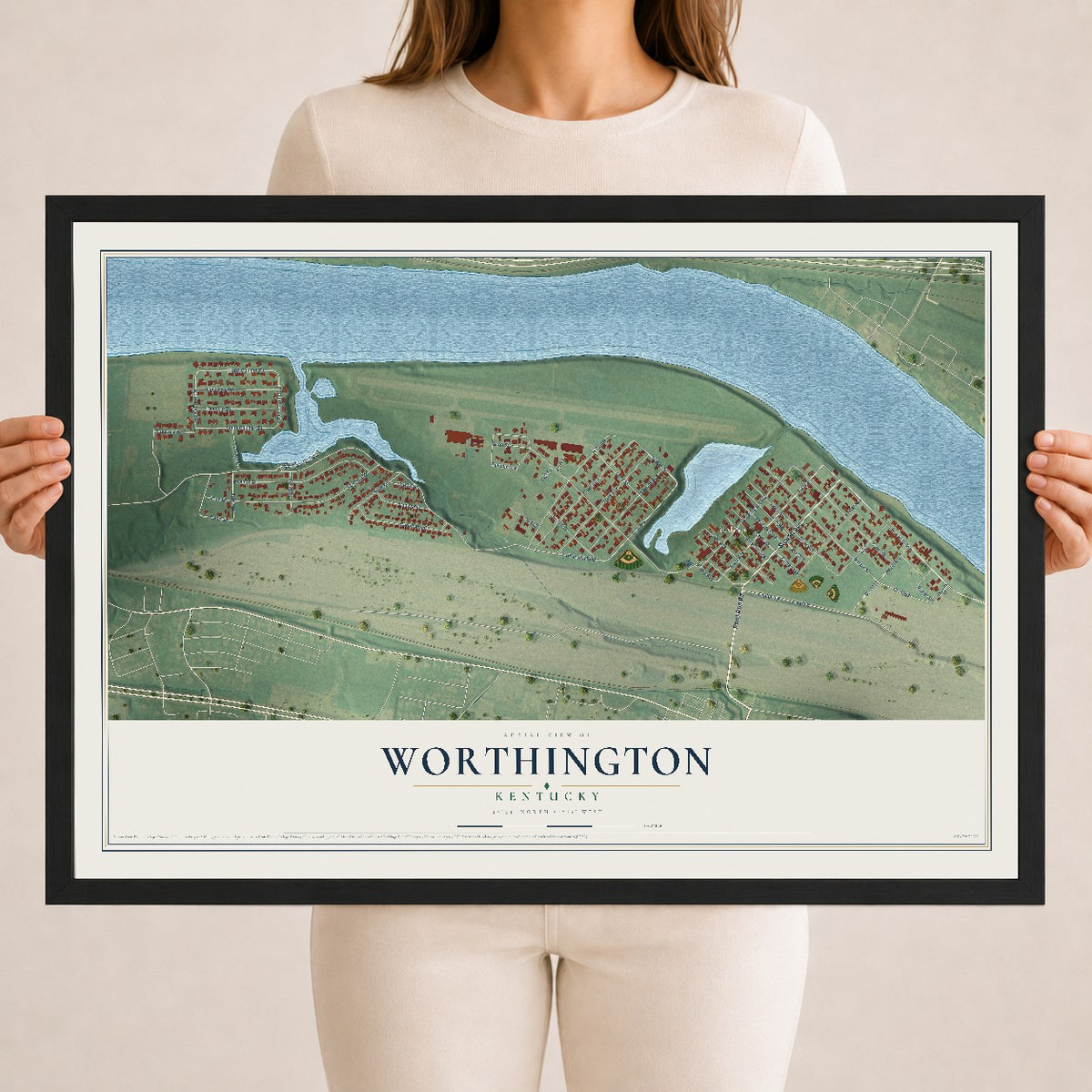 Map of Worthington, Kentucky, 18 x 24 inch print in a black wood frame