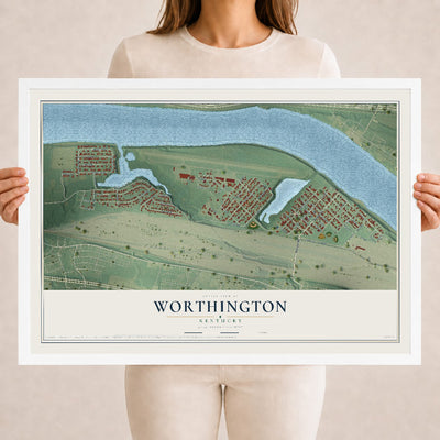 Map of Worthington, Kentucky, 18 x 24 inch print in a white wood frame
