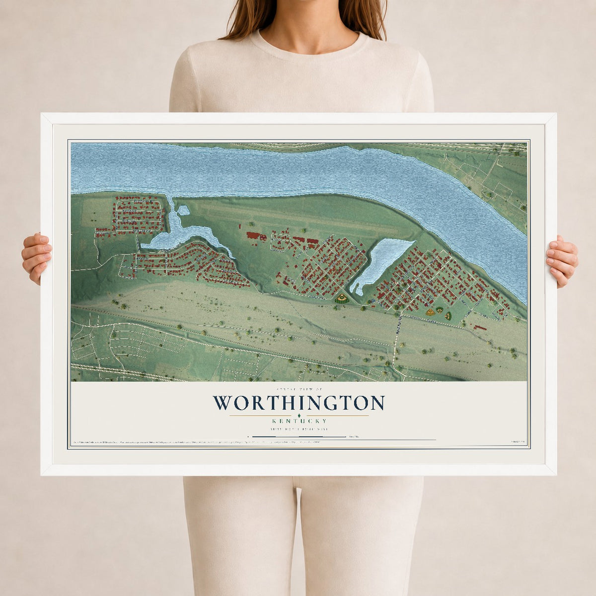 Map of Worthington, Kentucky, 24 x 36 inch print in a white wood frame