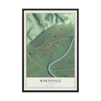 Map of Worthville, Kentucky, 12 x 18 inch print in a black wood frame