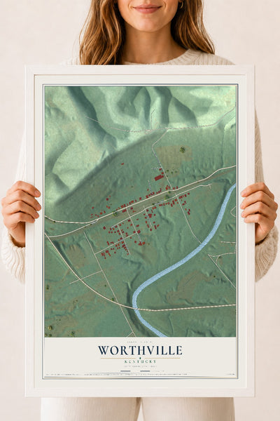 Map of Worthville, Kentucky, 18 x 24 inch print in a white wood frame