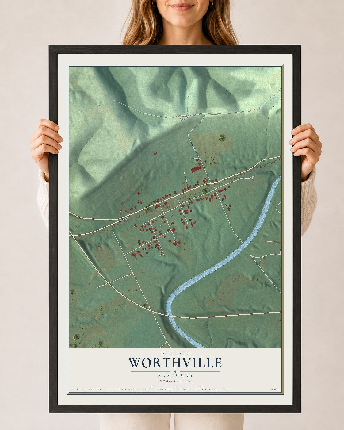 Map of Worthville, Kentucky, 24 x 36 inch print in a black wood frame