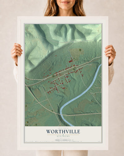 Map of Worthville, Kentucky, 24 x 36 inch print in a white wood frame