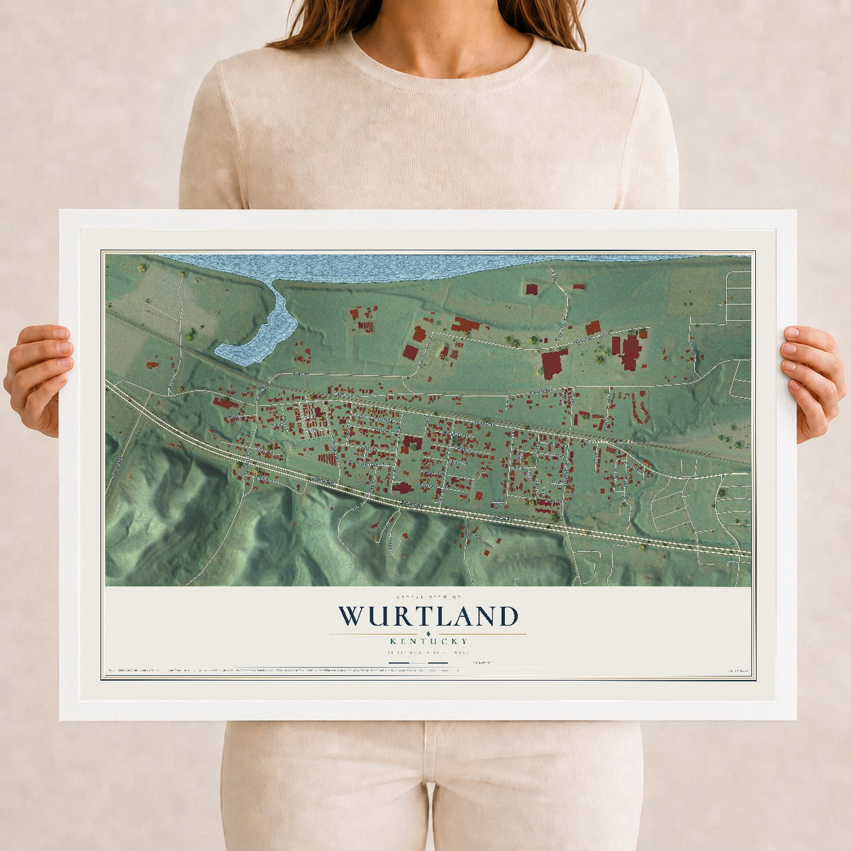Map of Wurtland, Kentucky, 12 x 18 inch print in a white wood frame