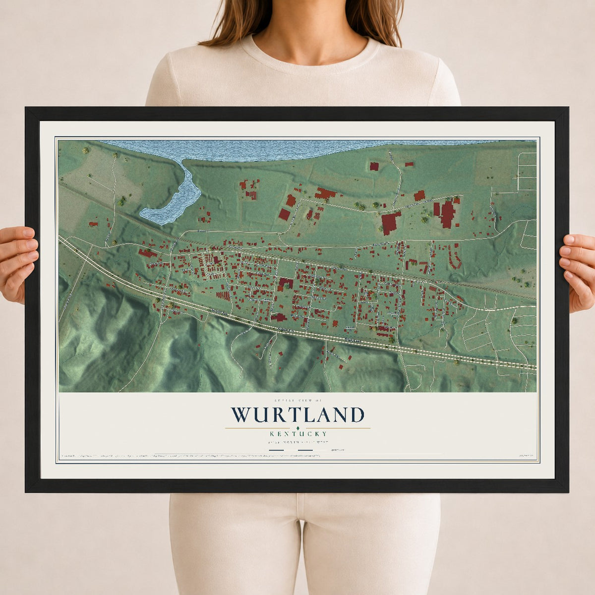 Map of Wurtland, Kentucky, 18 x 24 inch print in a black wood frame