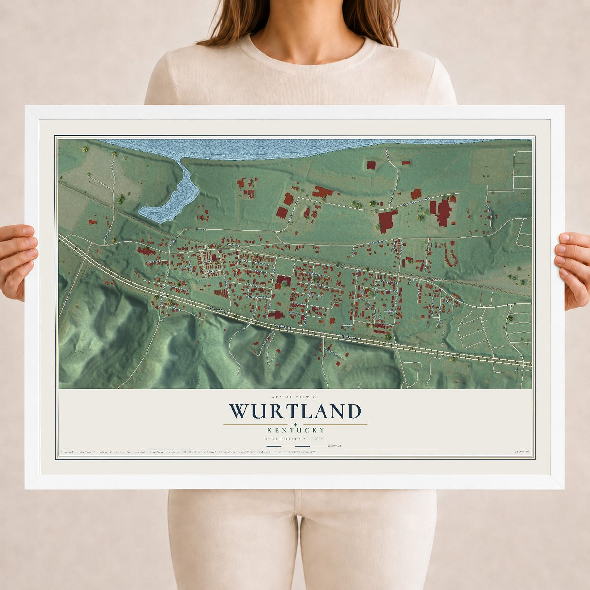 Map of Wurtland, Kentucky, 18 x 24 inch print in a white wood frame