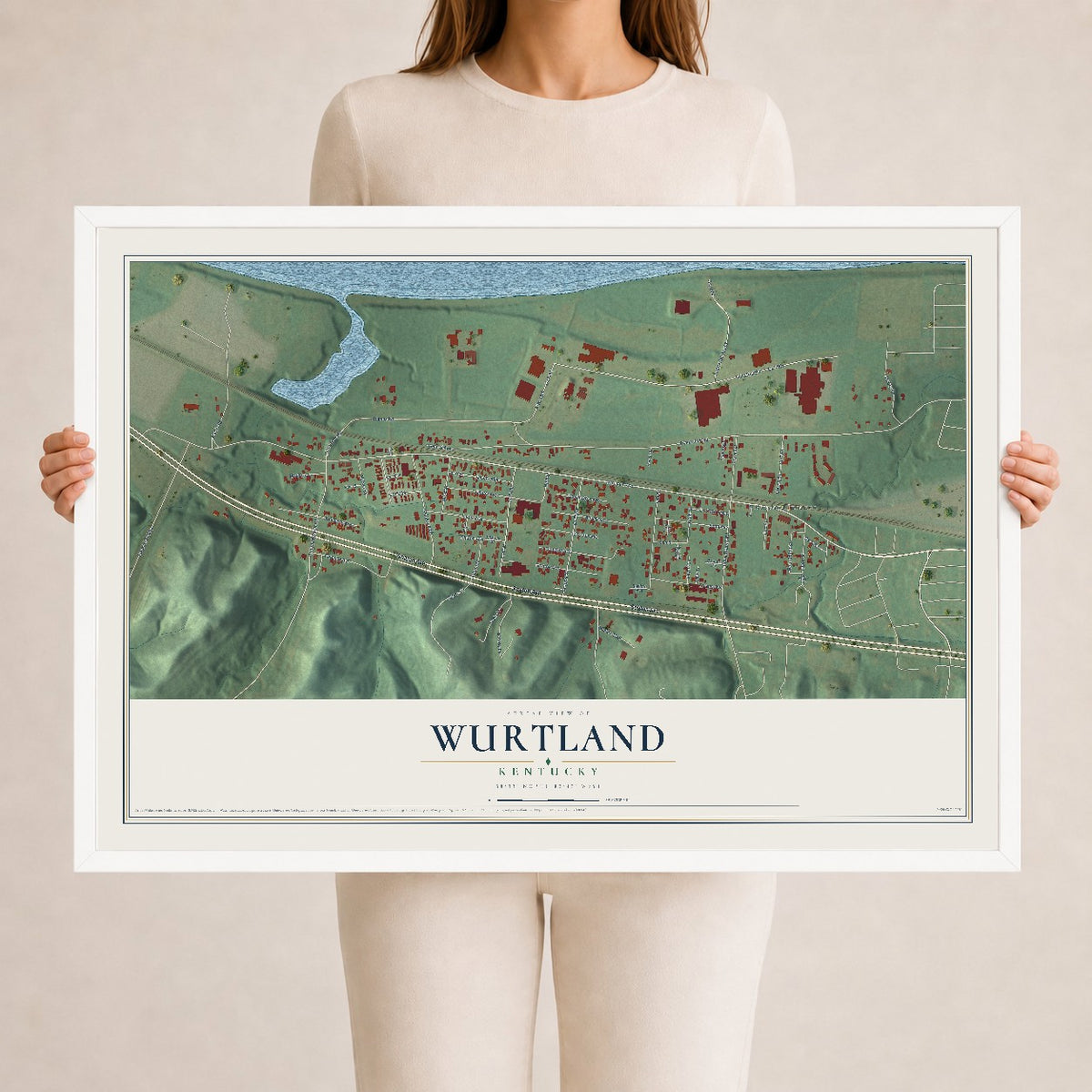 Map of Wurtland, Kentucky, 24 x 36 inch print in a white wood frame