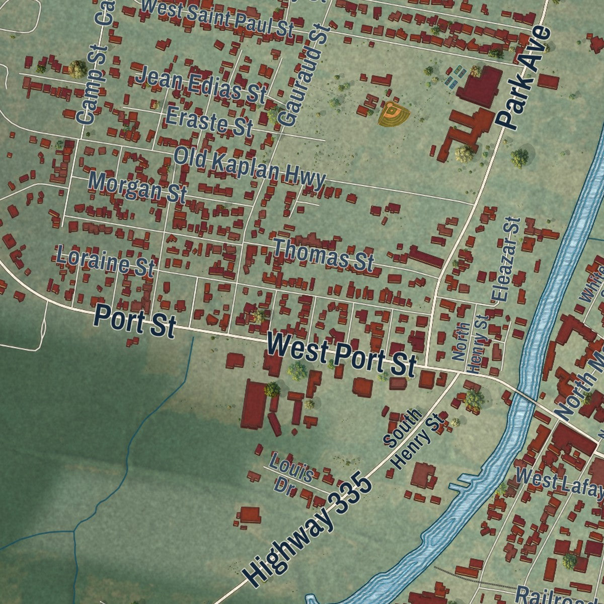 Second close-up of the map of Abbeville, Louisiana print showing more streets and buildings
