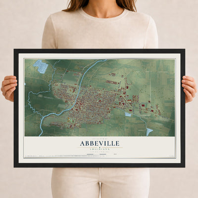 Map of Abbeville, Louisiana, 12 x 18 inch print in a black wood frame