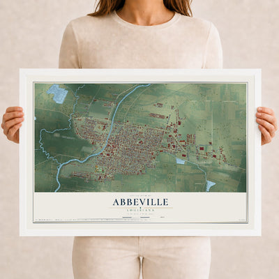 Map of Abbeville, Louisiana, 12 x 18 inch print in a white wood frame