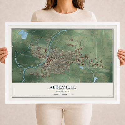 Map of Abbeville, Louisiana, 18 x 24 inch print in a white wood frame