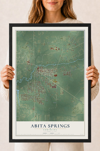 Map of Abita Springs, Louisiana, 18 x 24 inch print in a black wood frame